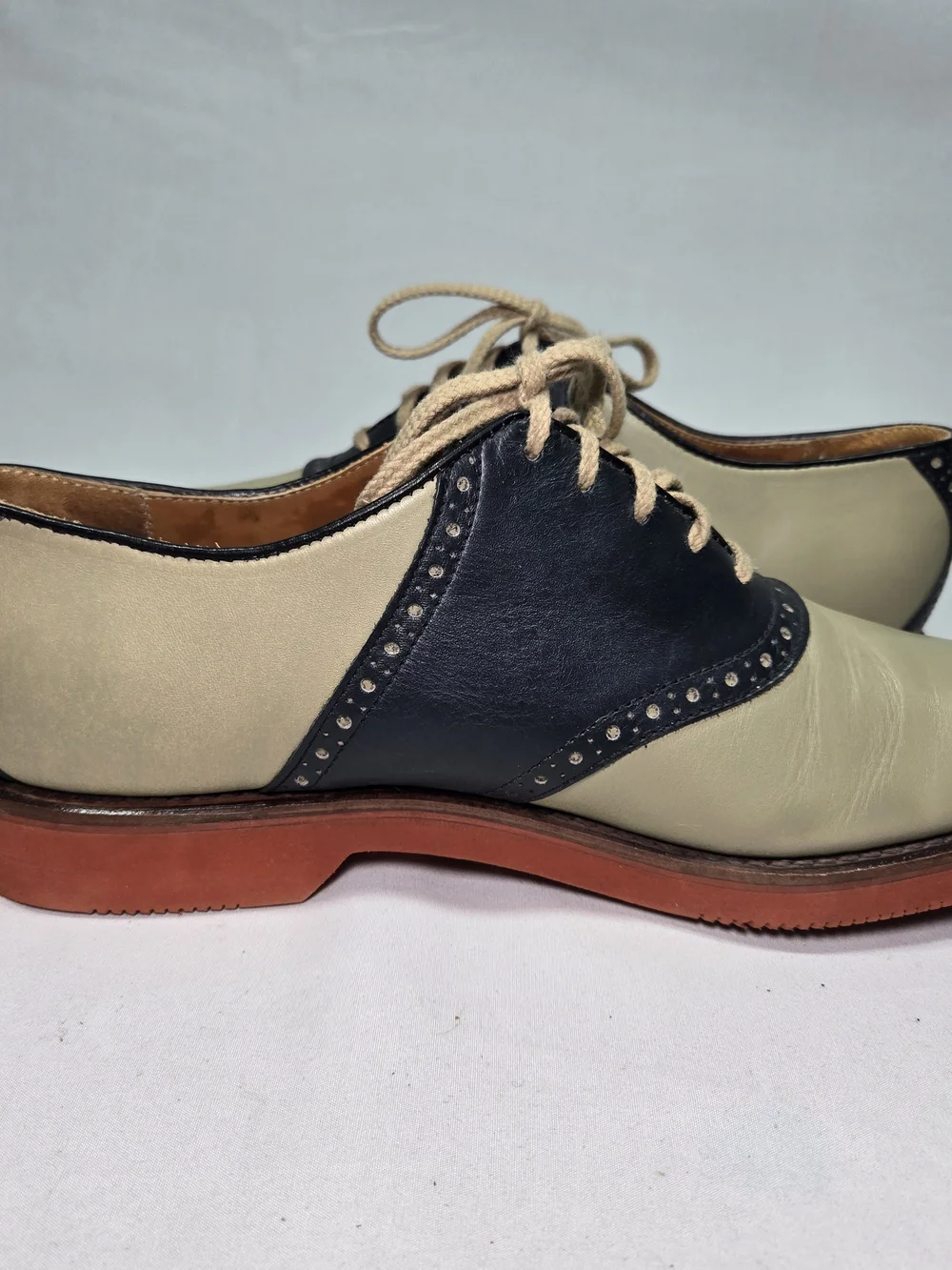Vintage COLE HAAN Leather Saddle Oxfords Olive Khaki/Navy Mens 6.5 Wide Preppy